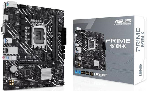 ASUS Prime H610M-K DDR5 Micro-ATX LGA 1700 Motherboard, Intel H610 Chipset, 2x DIMM DDR5 Slots, 96GB Max Memory, 1x M.2 Slot, 1x PCIe 4.0 x16 Slot, Realtek 1Gb Ethernet