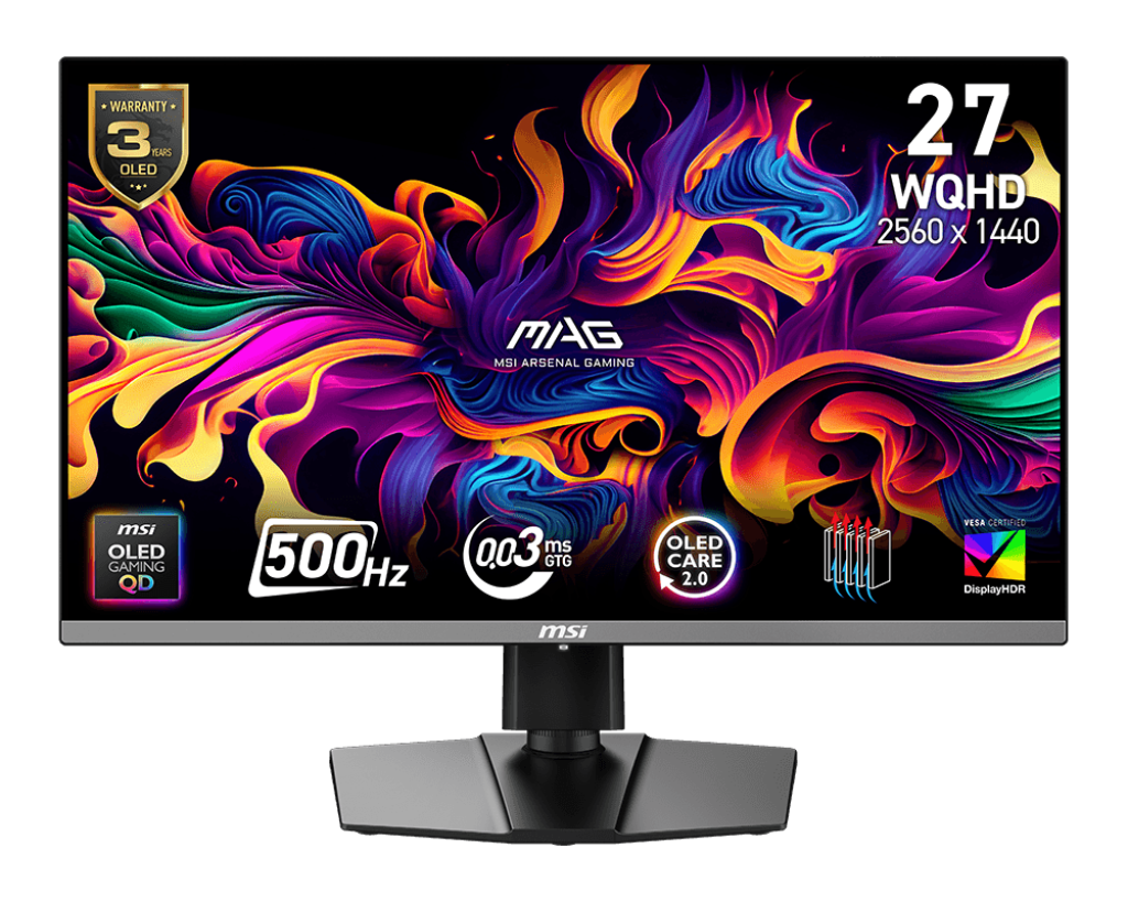 MSI MAG 272QP QD-OLED X50 26.5" WQHD Gaming Monitor, 500Hz, 0.03ms GtG, 3rd-Gen QD-OLED, DisplayHDR True Black 500, G-SYNC Compatible, FreeSync Premium Pro, HDMI 2.1, USB-C
