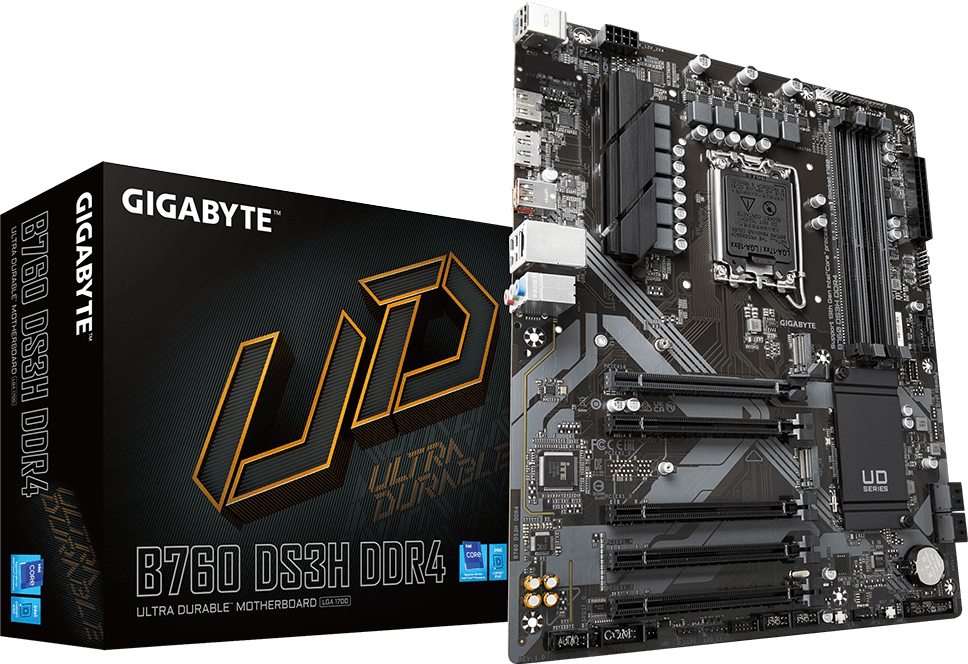 GIGABYTE B760 DS3H DDR4 LGA1700 ATX Motherboard, Intel B760 Chipset, 4 x DDR4 DIMM, Up to 128GB Max Memory Support, 1x PCI Express x16, 1x HDMI, 1x DisplayPort, USB-C / USB 3.2