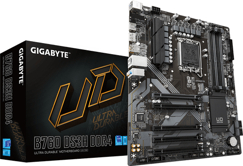 GIGABYTE B760 DS3H DDR4 LGA1700 ATX Motherboard, Intel B760 Chipset, 4 x DDR4 DIMM, Up to 128GB Max Memory Support, 1x PCI Express x16, 1x HDMI, 1x DisplayPort, USB-C / USB 3.2