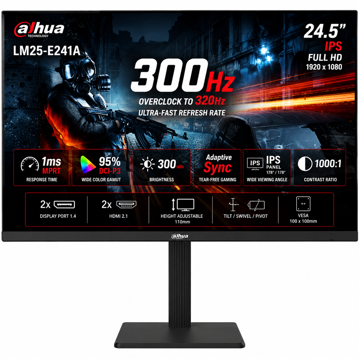 DAHUA LM25-E241A 25” IPS Full HD up to 320Hz 1ms Ultra-Thin 95% DCI-P3 300nits Adaptive Sync Hight Adjustable Stand w/ 2x Display Port & 2x HDMI 2.1 Interface , Black
