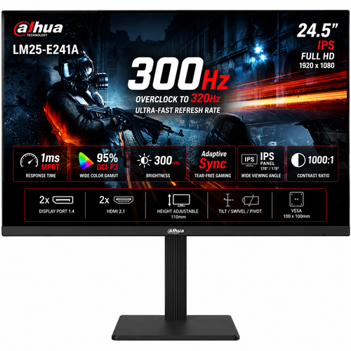 DAHUA LM25-E241A 25” IPS Full HD up to 320Hz 1ms Ultra-Thin 95% DCI-P3 300nits Adaptive Sync Hight Adjustable Stand w/ 2x Display Port & 2x HDMI 2.1 Interface , Black