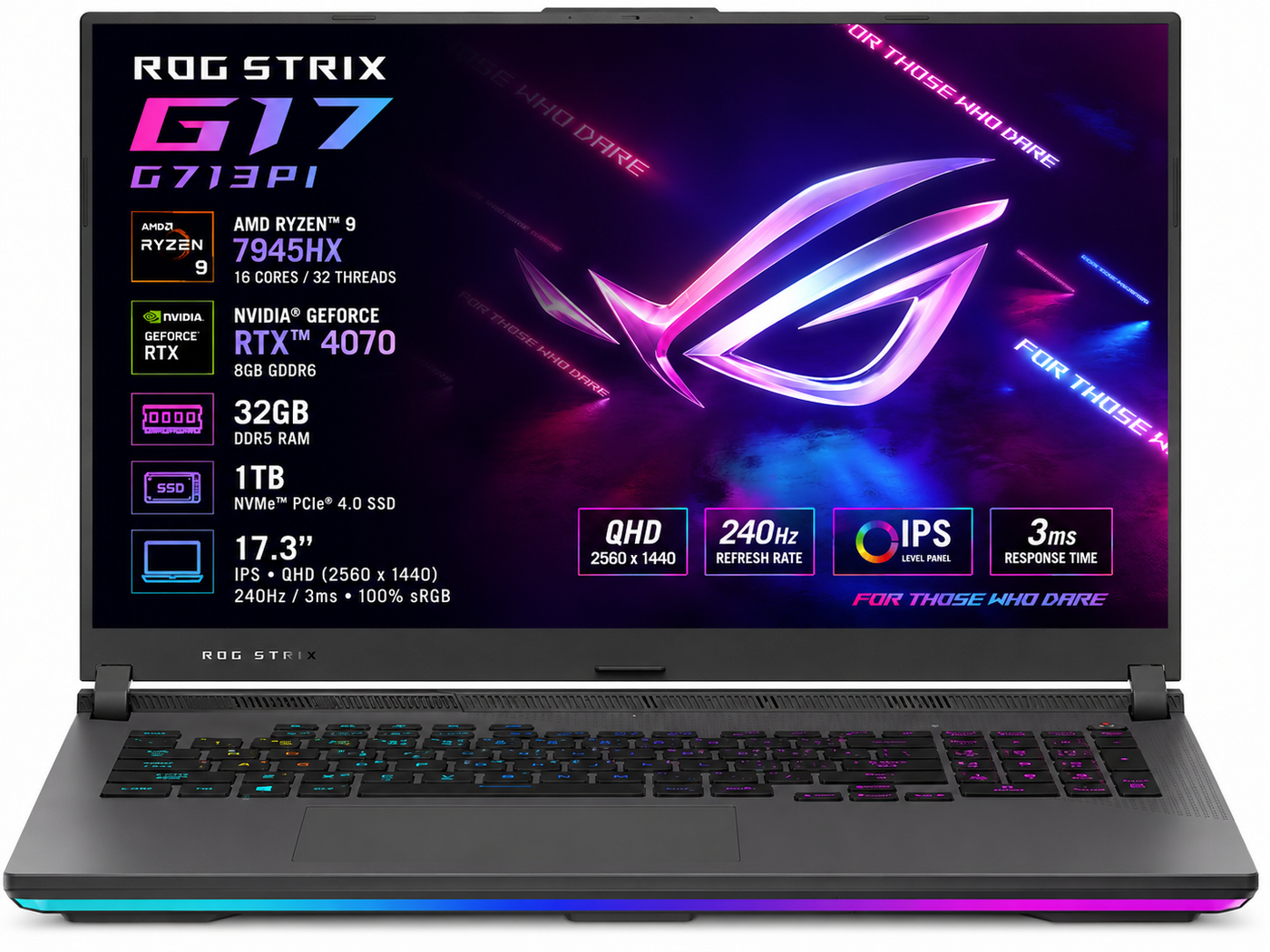 ASUS ROG Strix G17 G713PI 17.3" QHD 240Hz Gaming Laptop – Ryzen 9 7945HX, RTX 4070 8GB, 32GB DDR5, 1TB NVMe SSD