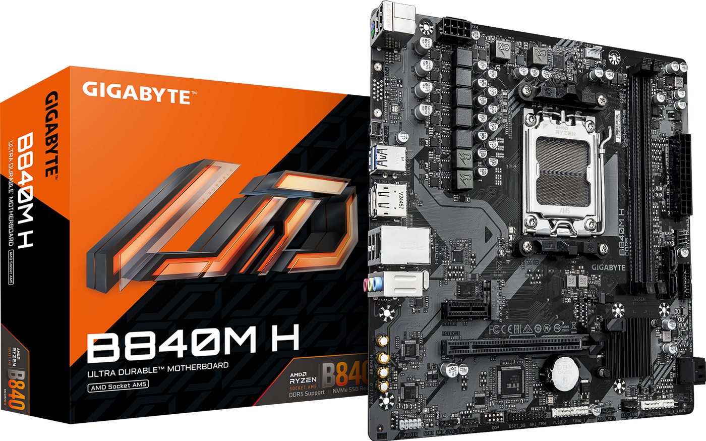 GIGABYTE B840M H M-ATX AM5 Motherboard, AMD B840 Chipset, 2x DDR5 DIMM Slots, 128GB Max Memory, 1 x PCIe 4.0 x16 slot, 1 x PCIe 4.0 M.2 Slot