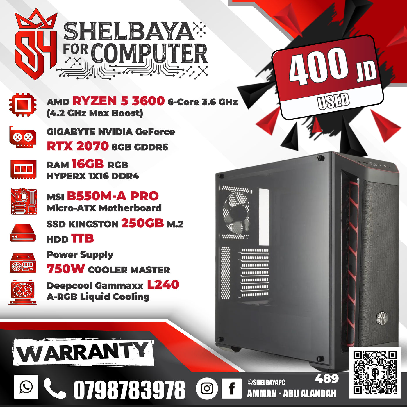 USED — SH Certified Pre-Owned Gaming PC — AMD Ryzen 5 3600 | RTX 2070 8GB | 16GB RAM | 250GB NVMe SSD + 1TB HDD