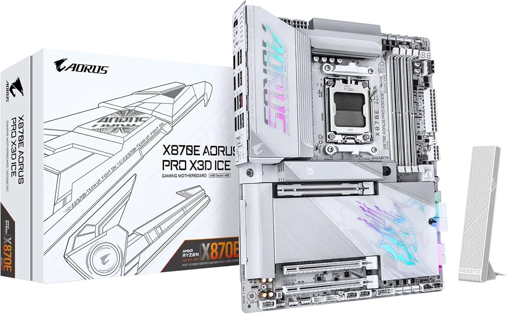 GIGABYTE X870E AORUS PRO X3D ICE ATX AM5 Motherboard, AMD X870E Chipset, 4x DDR5 DIMM Slots, Up to 256GB Max Memory, 1x PCIe 5.0 x16 with PCIe UD Slots, 4x M.2 Slots