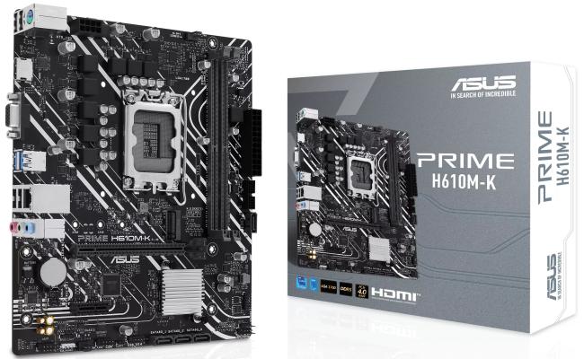 ASUS Prime H610M-K DDR5 Micro-ATX LGA 1700 Motherboard, Intel H610 Chipset, 2x DIMM DDR5 Slots, 96GB Max Memory, 1x M.2 Slot, 1x PCIe 4.0 x16 Slot, Realtek 1Gb Ethernet
