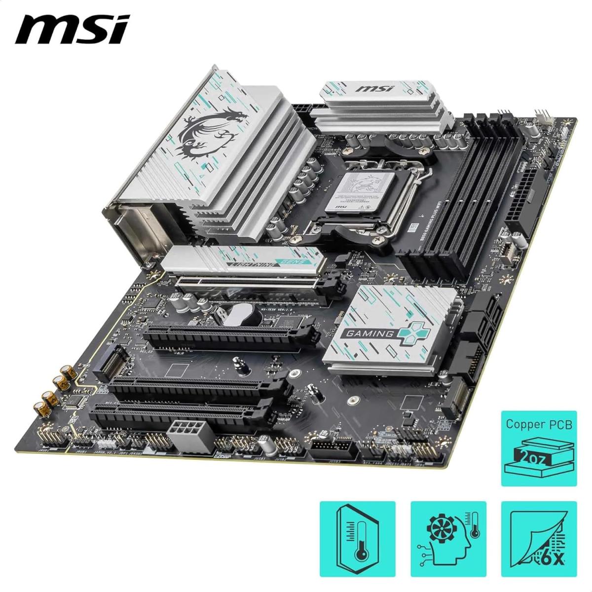 MSI B850 Gaming Plus WiFi AM5 ATX AMD B850 Chipset, 4x DDR5 UDIMM Slots, Up to 256GB Max Memory, 4x PCIe x16 Slots, 3x M.2 Slots, WiFi & BT Connectivity