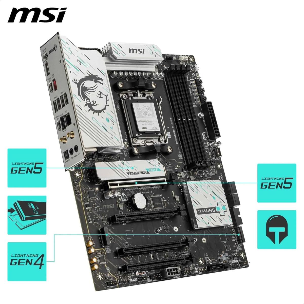 MSI B850 Gaming Plus WiFi AM5 ATX AMD B850 Chipset, 4x DDR5 UDIMM Slots, Up to 256GB Max Memory, 4x PCIe x16 Slots, 3x M.2 Slots, WiFi & BT Connectivity