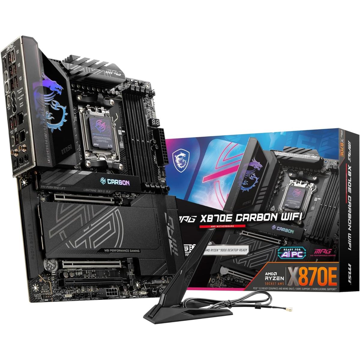 MSI MPG X870E Carbon Wi-Fi AM5 ATX AMD X870E Chipset DDR5 4x M.2 Slots, 3x PCI-E x16 Slots, Wi-Fi 7 & BT5.4 Connectivty, Black