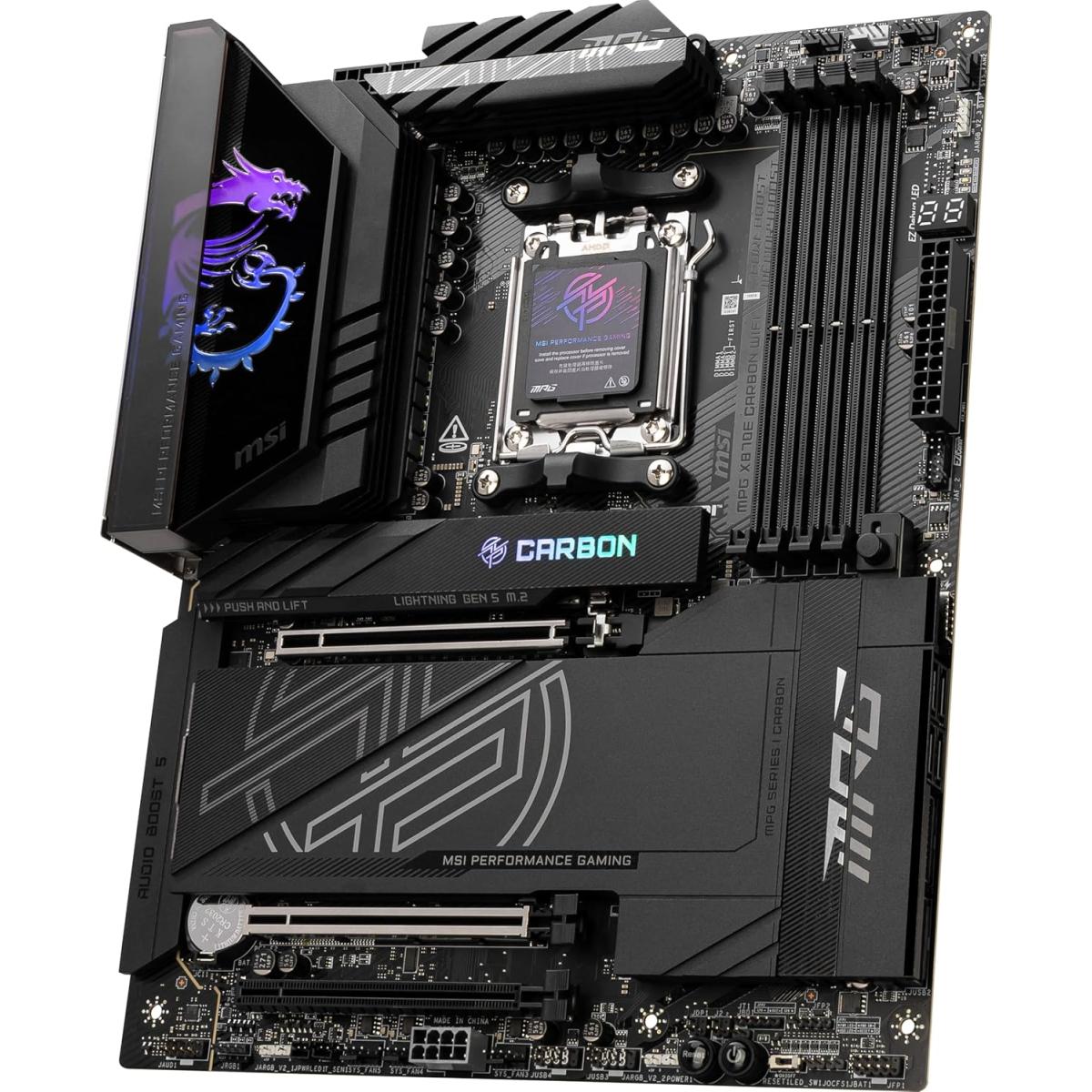 MSI MPG X870E Carbon Wi-Fi AM5 ATX AMD X870E Chipset DDR5 4x M.2 Slots, 3x PCI-E x16 Slots, Wi-Fi 7 & BT5.4 Connectivty, Black