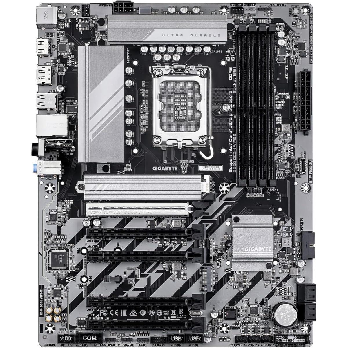 GIGABYTE B860 DS3H WIFI6E Intel Core Ultra (Series 2) LGA 1851 Motherboard, ATX, DDR5, 3X M.2, PCIe 5.0, USB-C, WIFI6E, 2.5GbE LAN, EZ-Latch