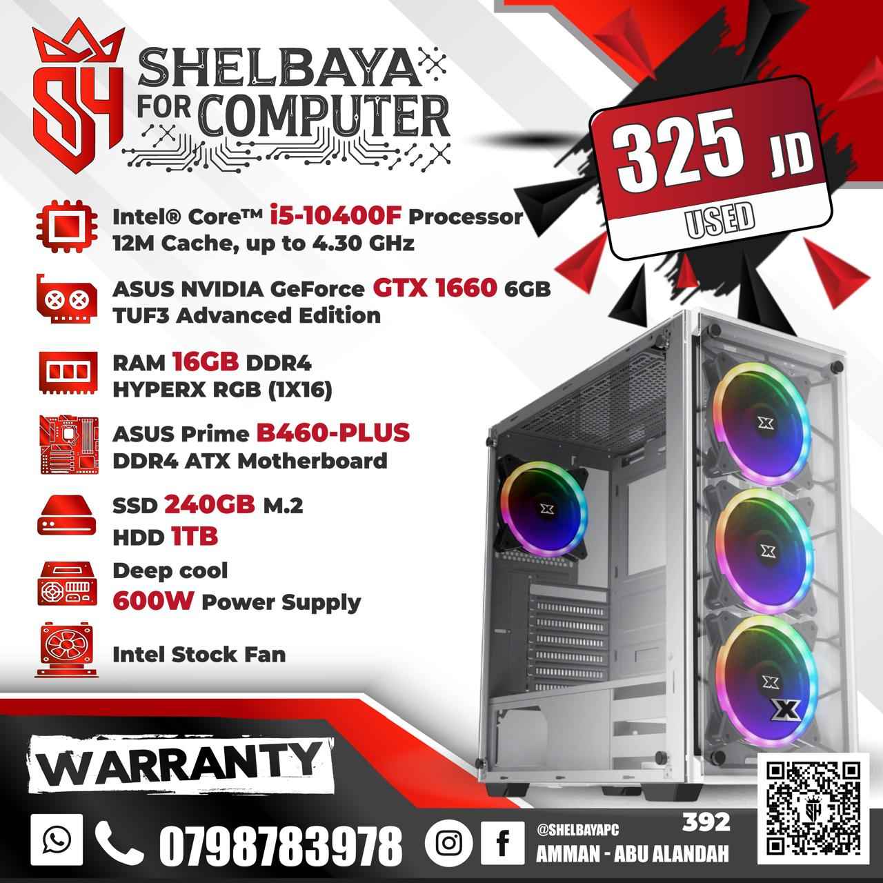 USED — SH Certified Pre-Owned Gaming PC — Intel Core i5-10400F | GTX 1660 6GB | 16GB RGB RAM | 240GB SSD + 1TB HDD