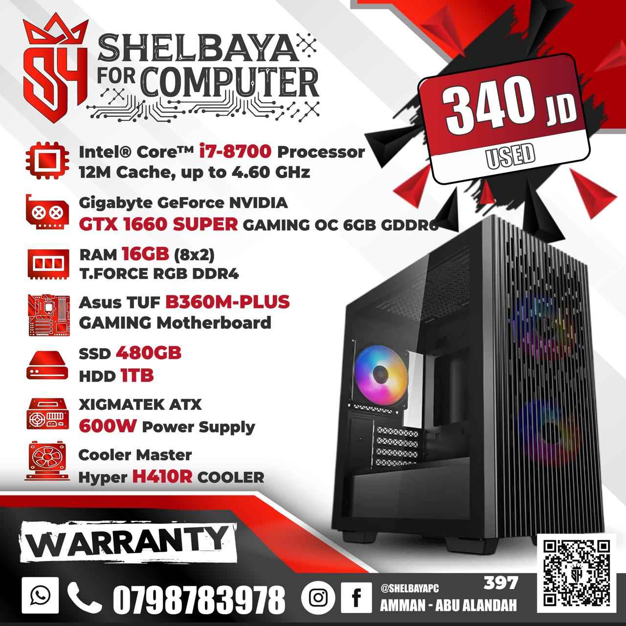 USED — SH Certified Pre-Owned Gaming PC — Intel Core i7-8700 | GTX 1660 Super 6GB | 16GB RGB RAM | 480GB SSD + 1TB HDD