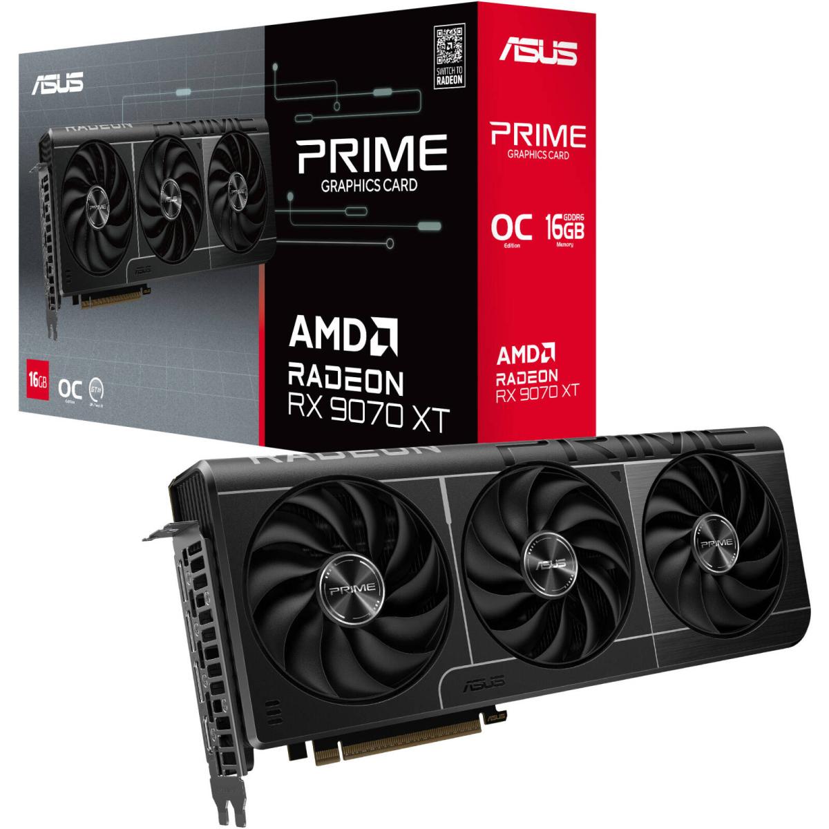 ASUS Prime Radeon™ RX 9070 XT OC Edition Graphics Card (PCIe 5.0, 16GB GDDR6, HDMI/DP 2.1, 2.5-slot design, axial-tech fans, dual ball fan bearings, dual BIOS, ASUS GPU Guard)