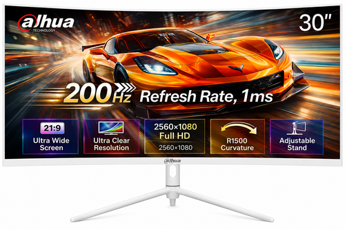 Dahua LM30-E330CW Gaming Curved Monitor, 30" WFHD VA , 200Hz Refresh Rate, 1ms (MPRT) , 1500R Curvature, Adaptive-Sync Technology, w/ 2x HDMI & 2x Display Ports , White