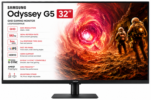 Samsung 32” Odyssey G5 G50F QHD 2K 180Hz Refresh Rate, Fast IPS Panel, HDR10, NVIDIA G-Sync Compatible, 1ms Response Time (GtG), AMD FreeSync™, Adjustable Stand, LS32FG502EMXUE