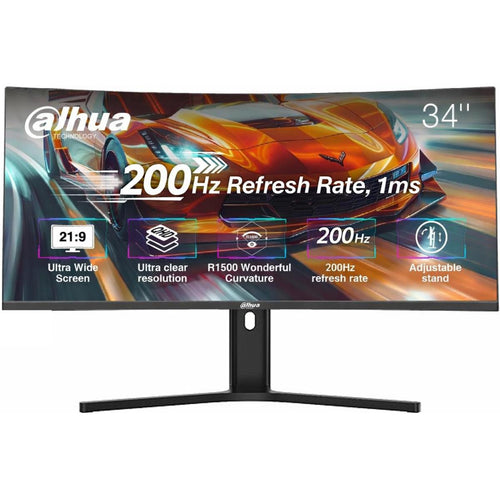 Dahua LM34-E330CA Gaming Curved Monitor, 34" WQHD VA Display, 200Hz Refresh Rate, 1ms (MPRT) Response Time, 1500R Curvature, Adaptive-Sync Technology, 21 9 Aspect Ratio, Black