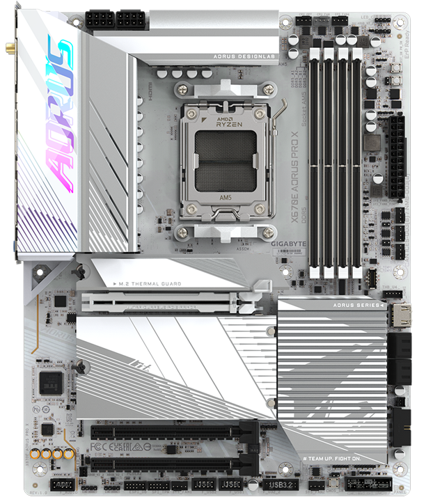 GIGABYTE X670E Aorus Pro X AM5 ATX Motherboard, AMD X670 Chipset, 4x DDR5 DIMM Slots, Up to 256GB Max Memory, Wi-Fi 7 & BT 5.3, 1x PCIe 5.0 x16, 4x M.2 Slots, White