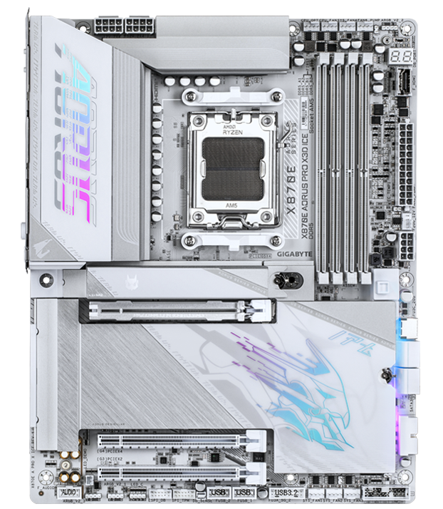 GIGABYTE X870E AORUS PRO X3D ICE ATX AM5 Motherboard, AMD X870E Chipset, 4x DDR5 DIMM Slots, Up to 256GB Max Memory, 1x PCIe 5.0 x16 with PCIe UD Slots, 4x M.2 Slots