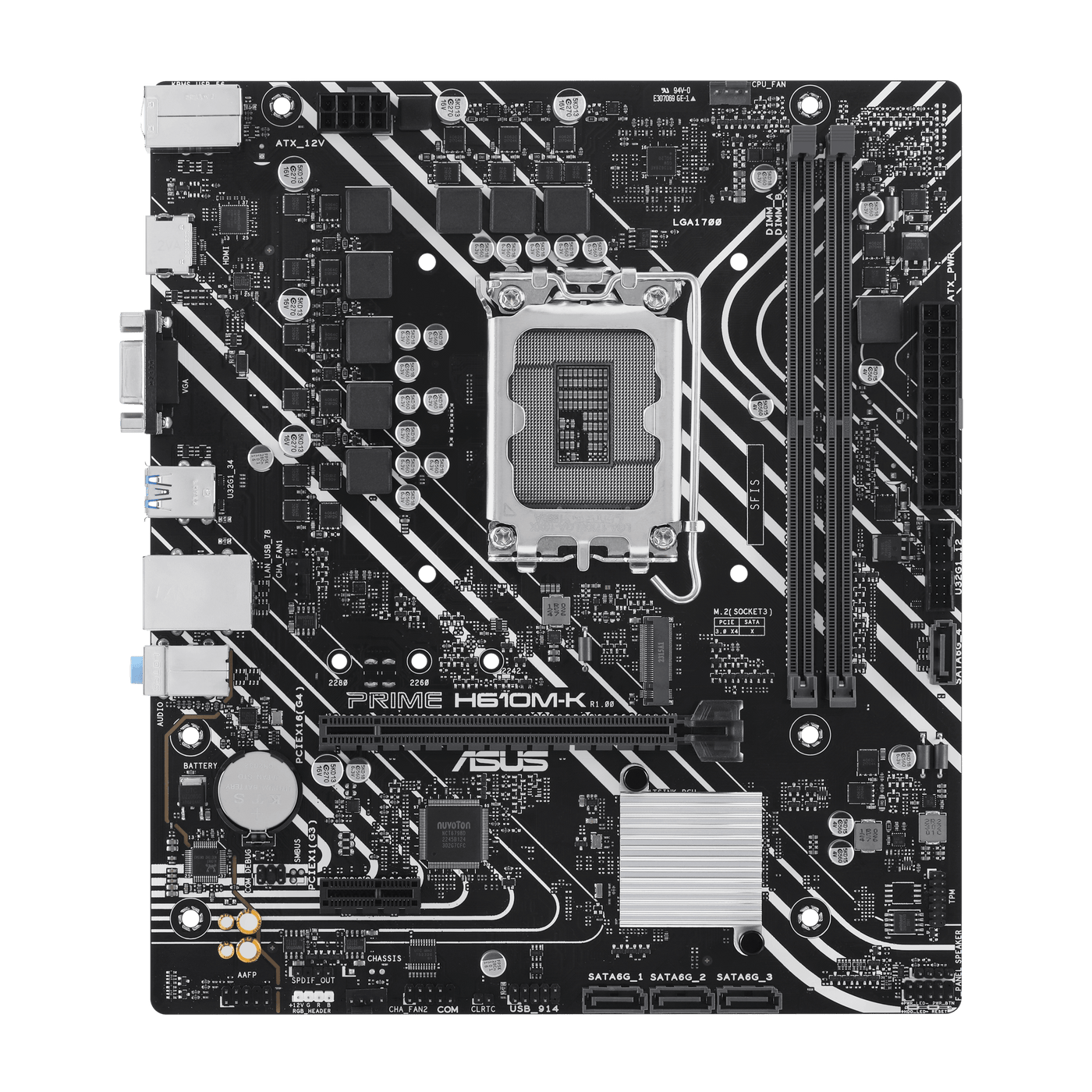 ASUS Prime H610M-K DDR5 Micro-ATX LGA 1700 Motherboard, Intel H610 Chipset, 2x DIMM DDR5 Slots, 96GB Max Memory, 1x M.2 Slot, 1x PCIe 4.0 x16 Slot, Realtek 1Gb Ethernet