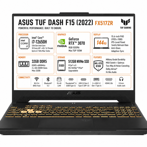 ASUS TUF Dash F15 (2022) FX517ZR Gaming Laptop – Intel Core i7-12650H, RTX 3070 8GB, 32GB DDR5, 512GB NVMe SSD, 15.6" FHD 144Hz IPS