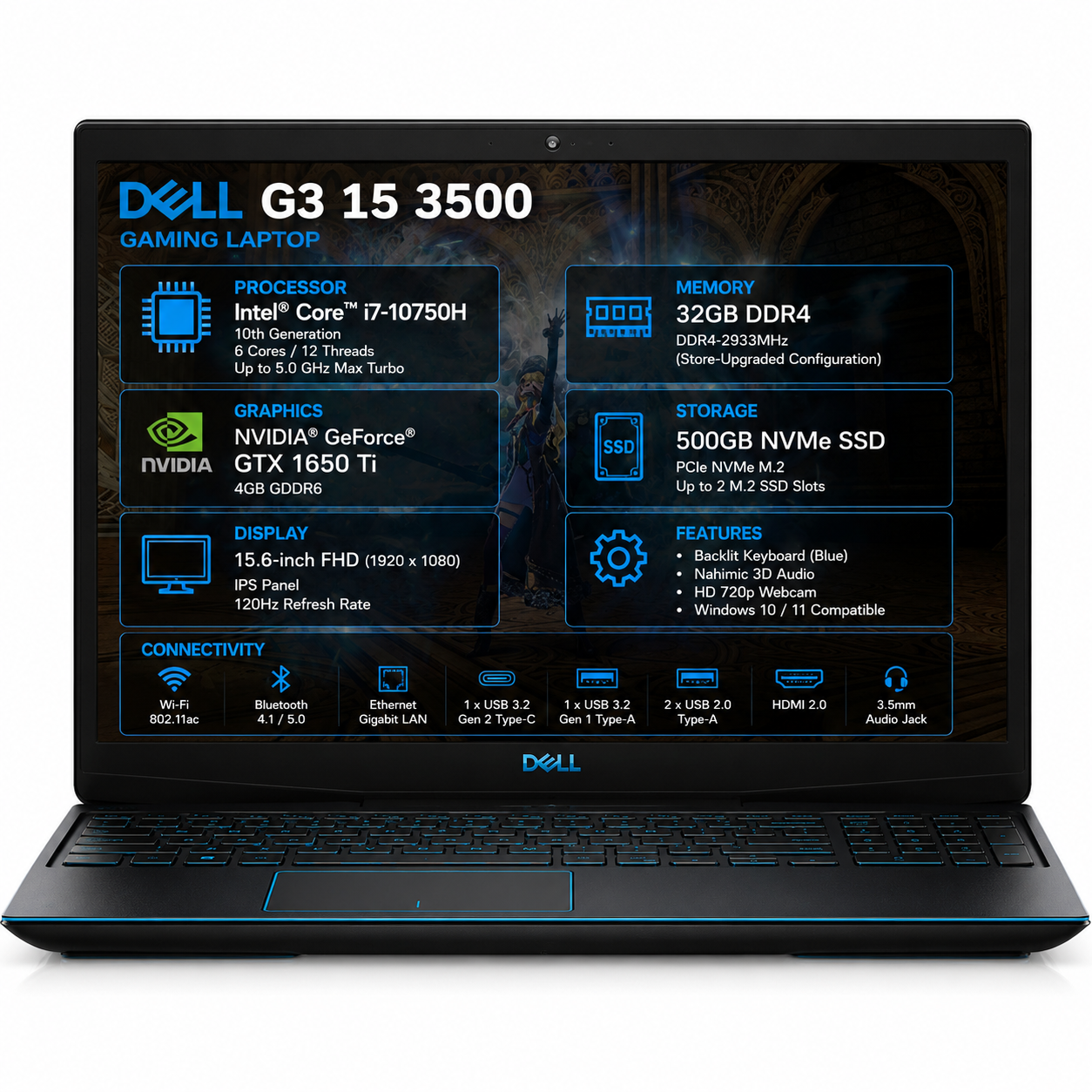 Dell G3 15 3500 Gaming Laptop – i7-10750H, GTX 1650 Ti 4GB, 32GB DDR4, 500GB NVMe, FHD 120Hz IPS