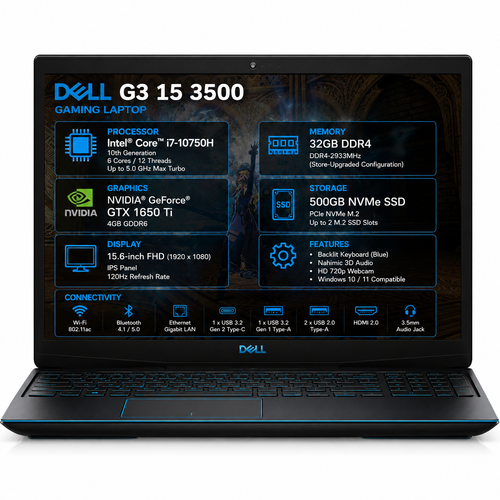 Dell G3 15 3500 Gaming Laptop – i7-10750H, GTX 1650 Ti 4GB, 32GB DDR4, 500GB NVMe, FHD 120Hz IPS