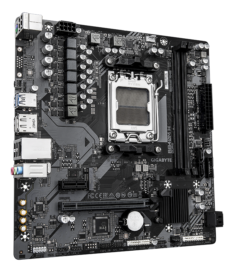 GIGABYTE B840M H M-ATX AM5 Motherboard, AMD B840 Chipset, 2x DDR5 DIMM Slots, 128GB Max Memory, 1 x PCIe 4.0 x16 slot, 1 x PCIe 4.0 M.2 Slot