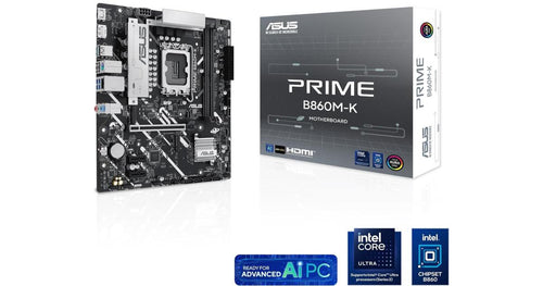 ASUS Prime B860M-K LGA 1851 Micro-ATX Motherboard LGA 1851 Micro-ATX Motherboard, Intel B860 Chipset, 2x DIMM DDR5 Slots, Up to 128GB Max Memory, 1x PCIe 4.0 x16 Slot, 2x M.2 Slots