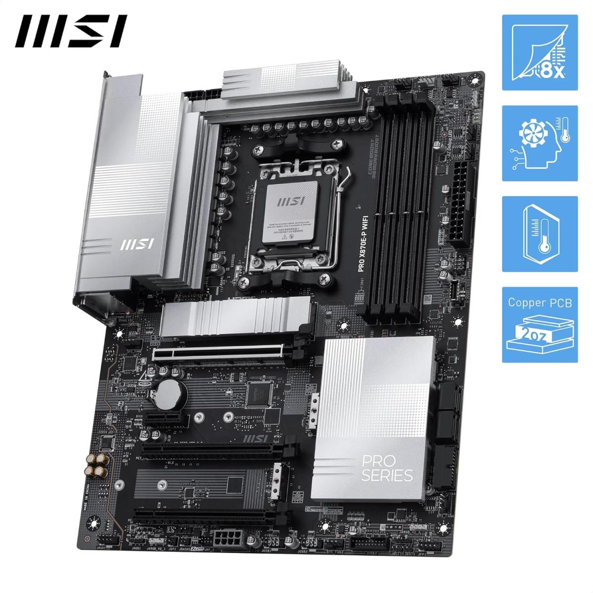 MSI PRO X870E-P WiFi 7 Motherboard, ATX - Supports AMD Ryzen 9000/8000 / 7000 Processors, AM5-60A SPS VRM, DDR5 Memory Boost (8200+ MT/s OC), PCIe 5.0 x16 & 4.0 x16, M.2 Gen5, Wi-Fi 7, 5G LAN